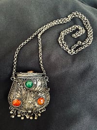 Image 1 of Vintage 1970s Indian Metal Sanjai Purse Necklace – Ornate Filigree with Carnelian & Green Stone
