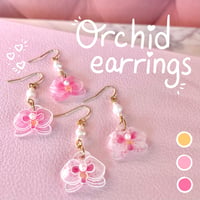 Image 1 of Hanging Orchid and Pearl Earrings