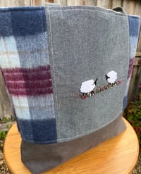 Image 2 of Hand Embroidered Sheep on Blue Scottish Tartan fabric - Tote Bag