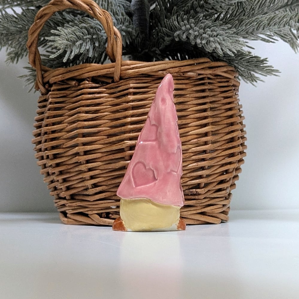 Image of Handmade pottery Pink Heart Embossed Gnome 