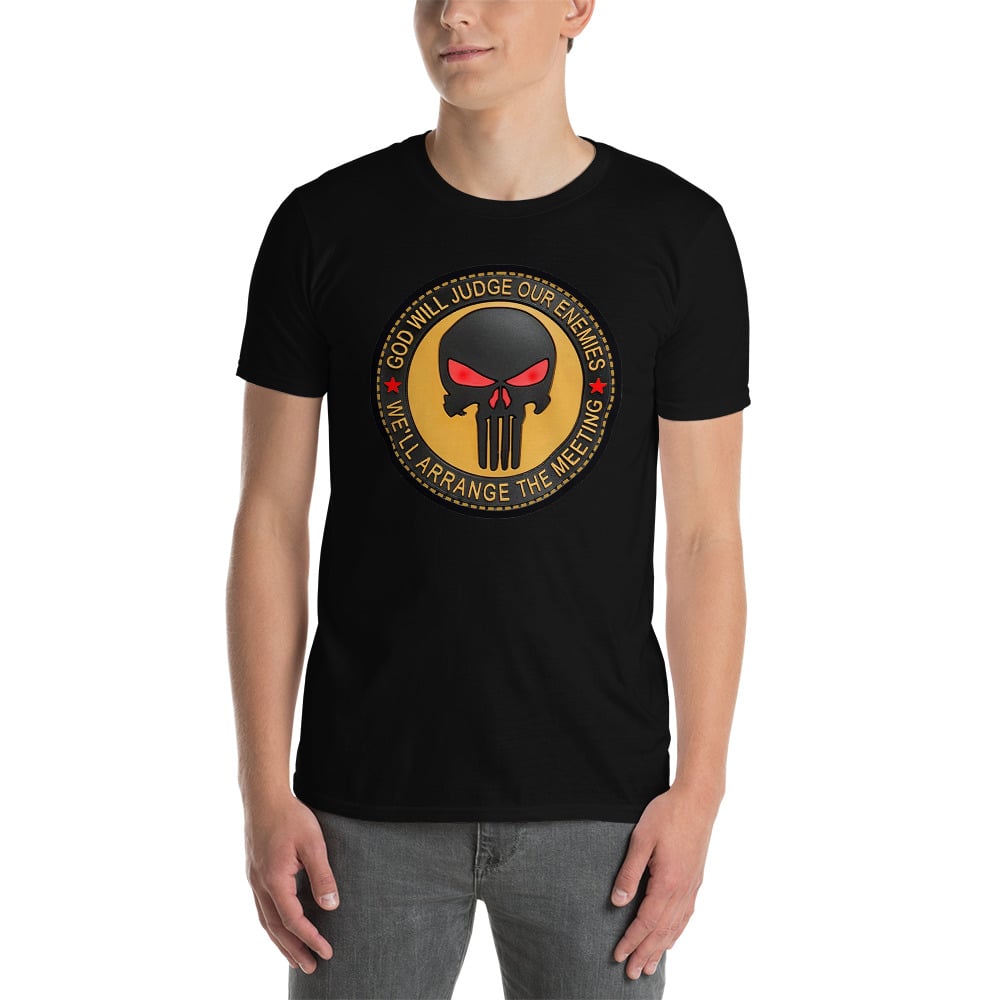 Image of god will judge our enemies military theme tee shirt.