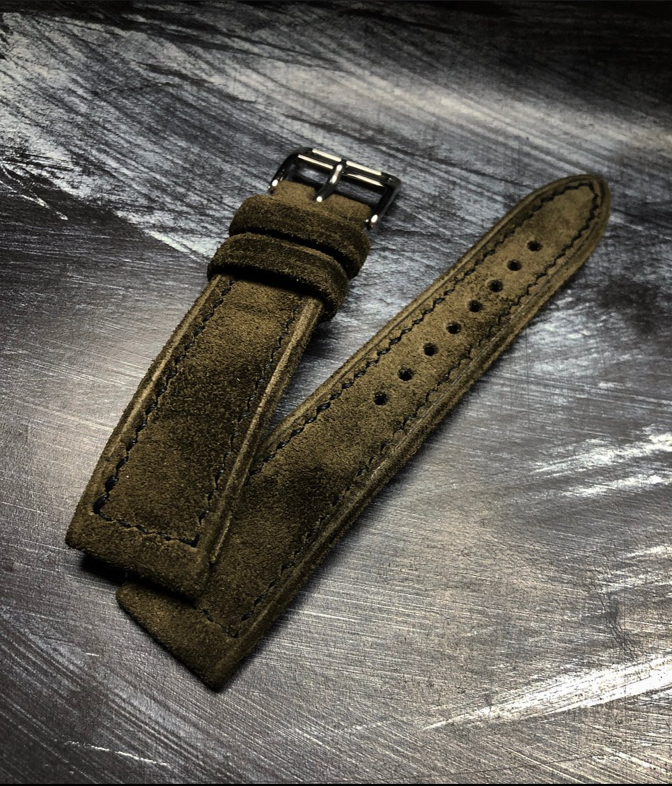 Image of Moss Green Reversed Suede box stitched watch strap 