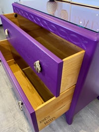 Image 9 of Vintage Harris Lebus CHEST OF DRAWERS painted in bright purple with glass top