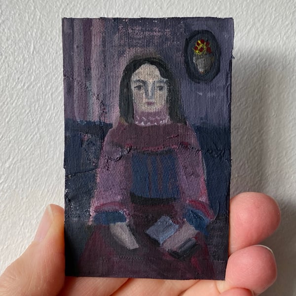 Image of woman with a book (violet study) - tiny painting 