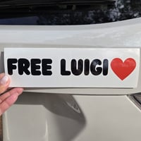 Image 1 of Free Luigi glossy white bumper sticker with chunky black text and heart