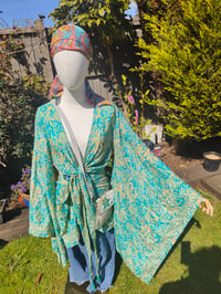 Image 4 of Boho head wrap with Wire - sari fabric Jade peach henna