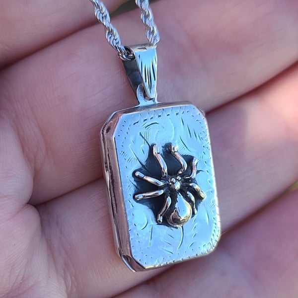 Image of Rectangular Sterling Silver Spider Locket Necklace 