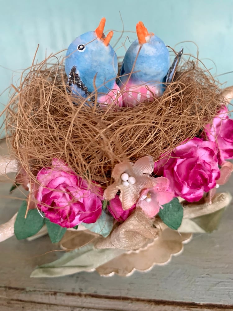 Image of Spun Cotton Birds in Floral Nest