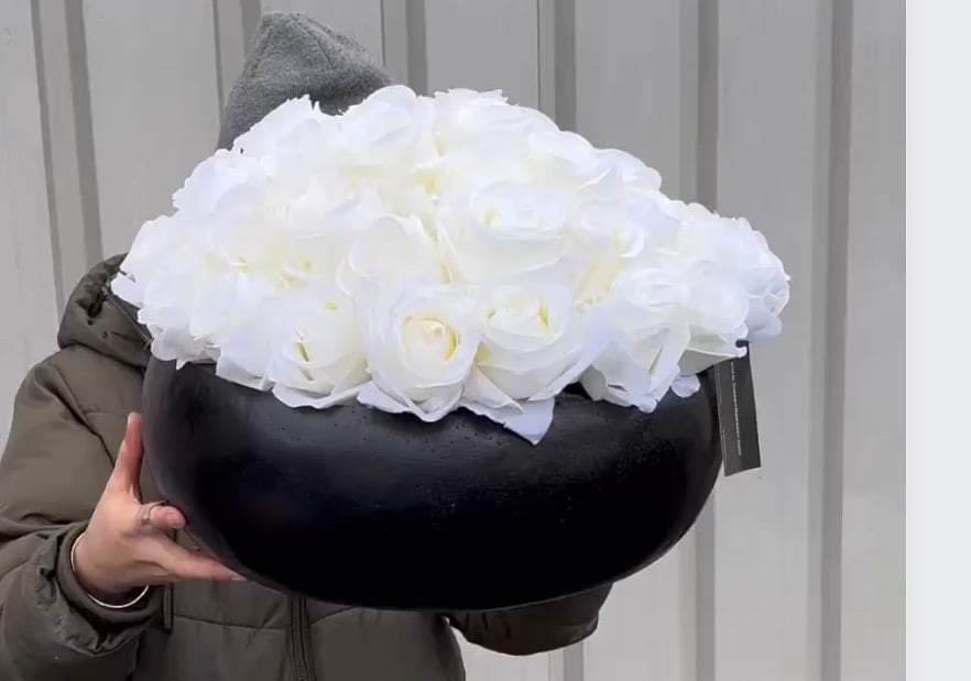 Image of XL Matt black bowl with premium ivory roses 