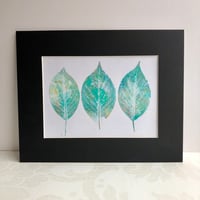 Image 4 of Collage on Rice Paper, Leaf Impressions, 3 Teal Green Leaves, 8x10 Ready to Frame 