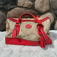 Image 1 of Coach Beige Signature C Satchel with Coral Trim