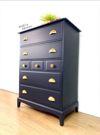 Image 2 of Stag Minstrel Chest Of Drawers / Tallboy painted in navy blue with gold cup handles 