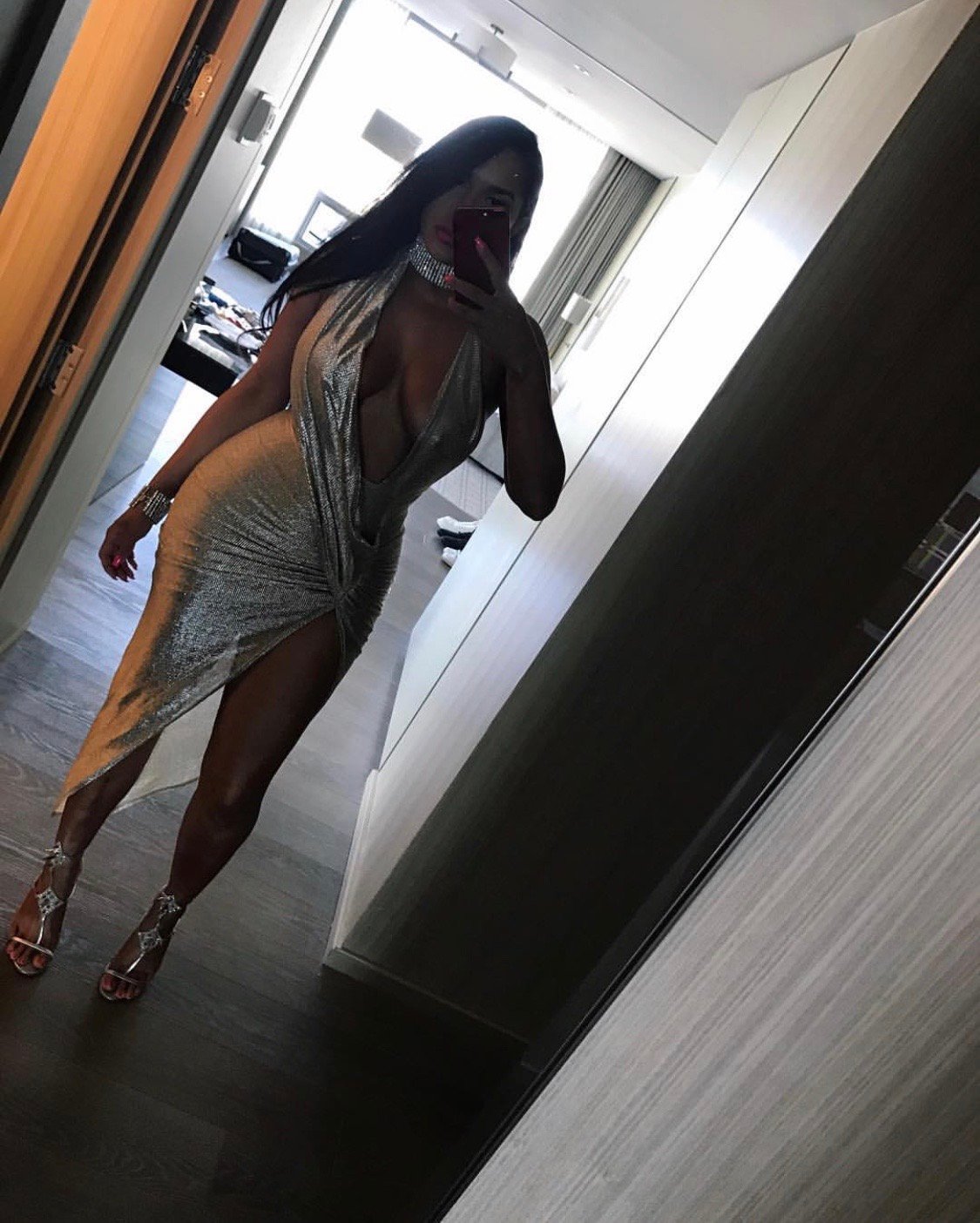 Image of METALLIC SHIMMER DRAPED MAXI SLIT DRESS (SIZE 6)