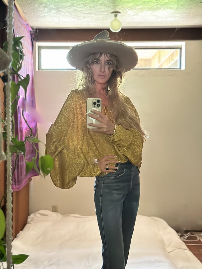 early 70s golden lurex blouse with massive poet sleeves