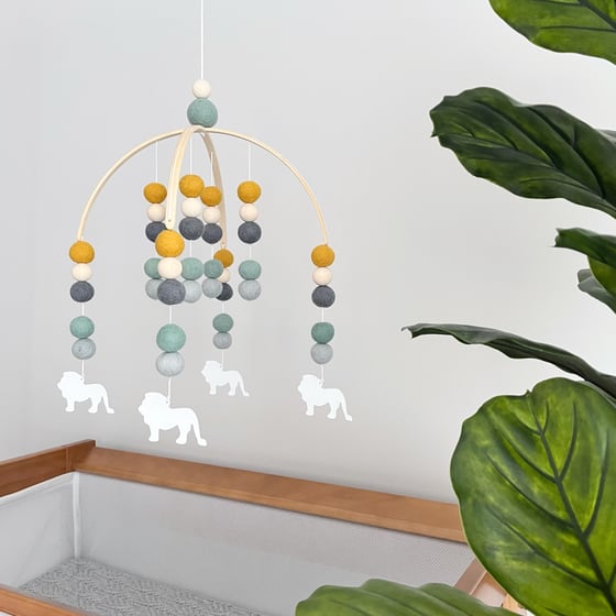 Image of Lion felt ball mobile - mustard, mint, greys & woodp