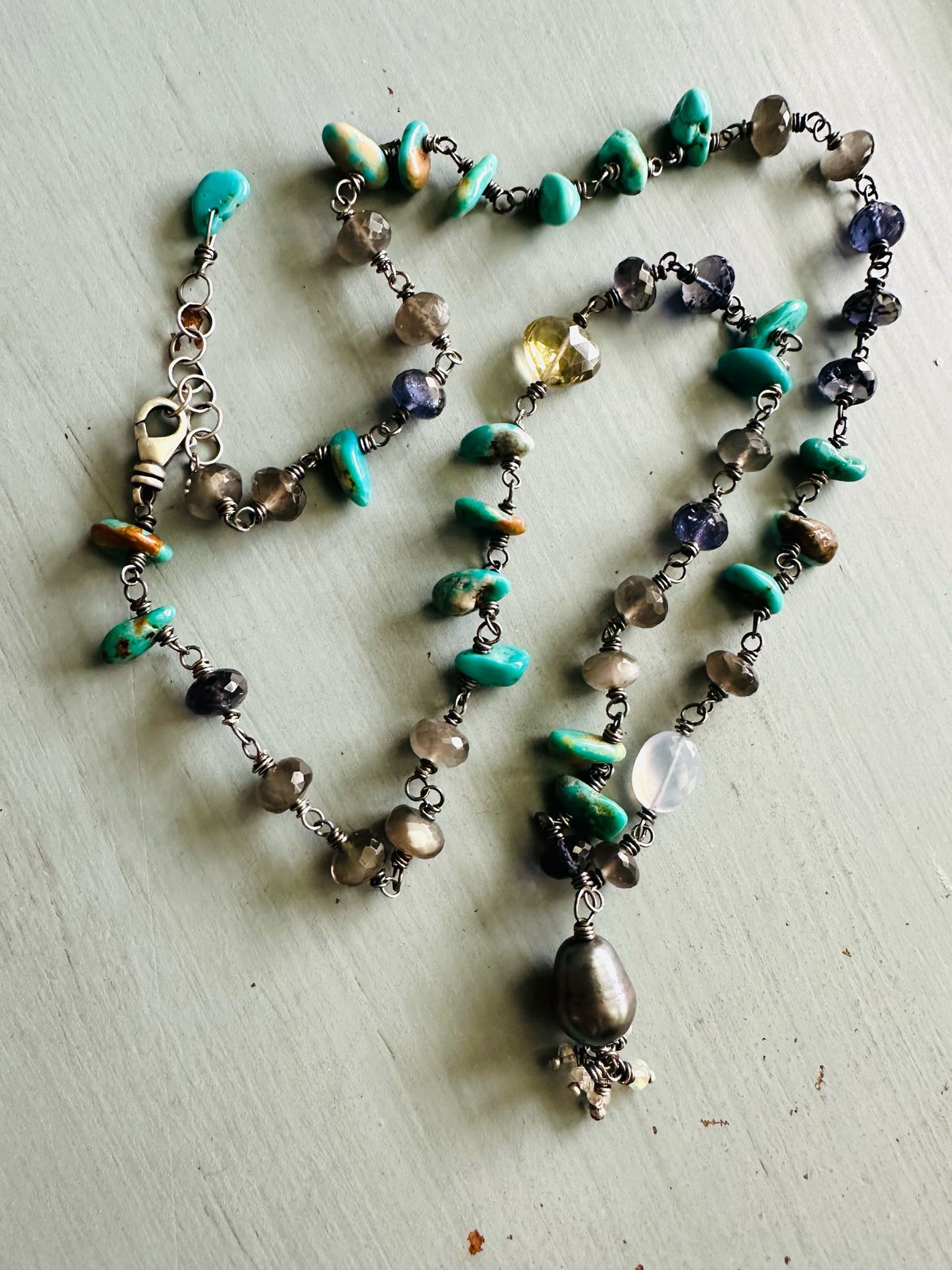 iolite turquoise petal and grey moonstone necklace with
