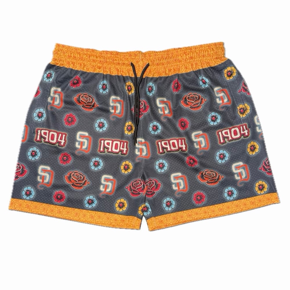 Image of "SD CITY CONNECT ROSES" Mesh Shorts (Obsidian/Marigold)