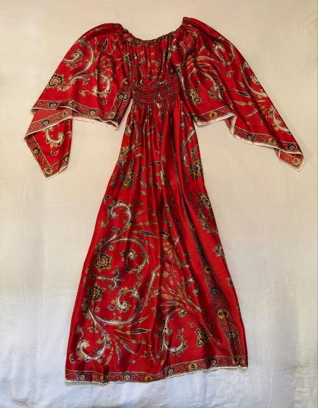 1960s red paisley angel sleeve satin scarf maxi dress gown 70s