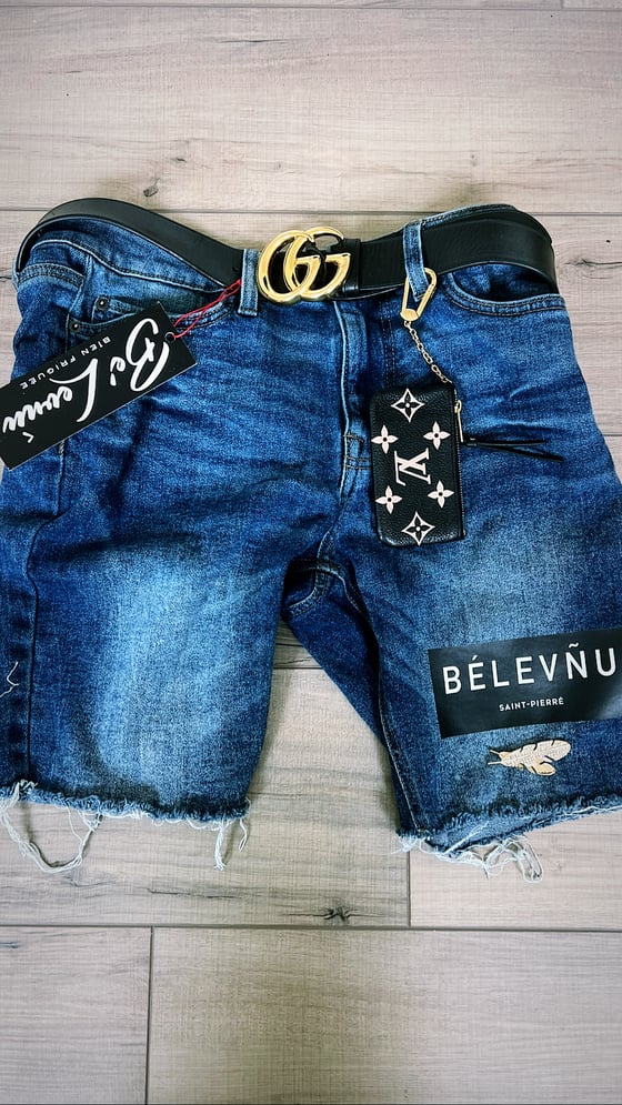 Image of Bélevñu Leather Patch Distressed Denim Shorts 