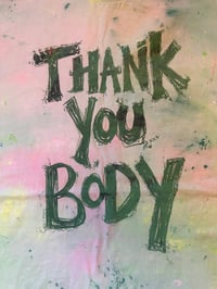 Image 1 of Green tie dye multicolour tshirt with mossy green text (4XL)