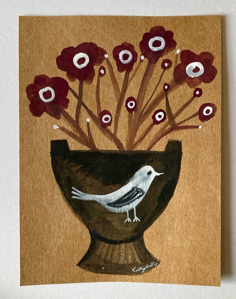 Image of 10. Original work on brown paper (bird bowl with flowers)