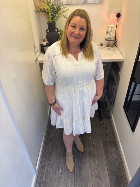 Image of BRODERIE ANGLAISE BUTTON TIERED MINI DRESS