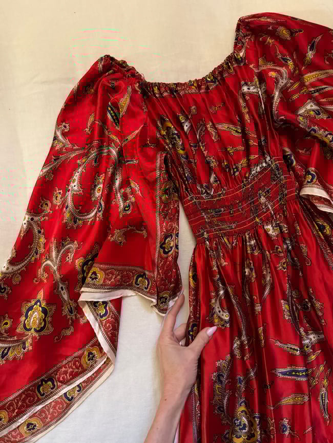 1960s red paisley angel sleeve satin scarf maxi dress gown 70s