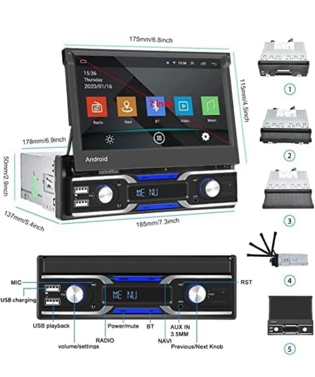 Android Single Din Car Stereo with Bluetooth,6.9” Touch Screen Car Radio  Android Head Unit with FM Radio Mirror Link for iOS/Android WiFi GPS