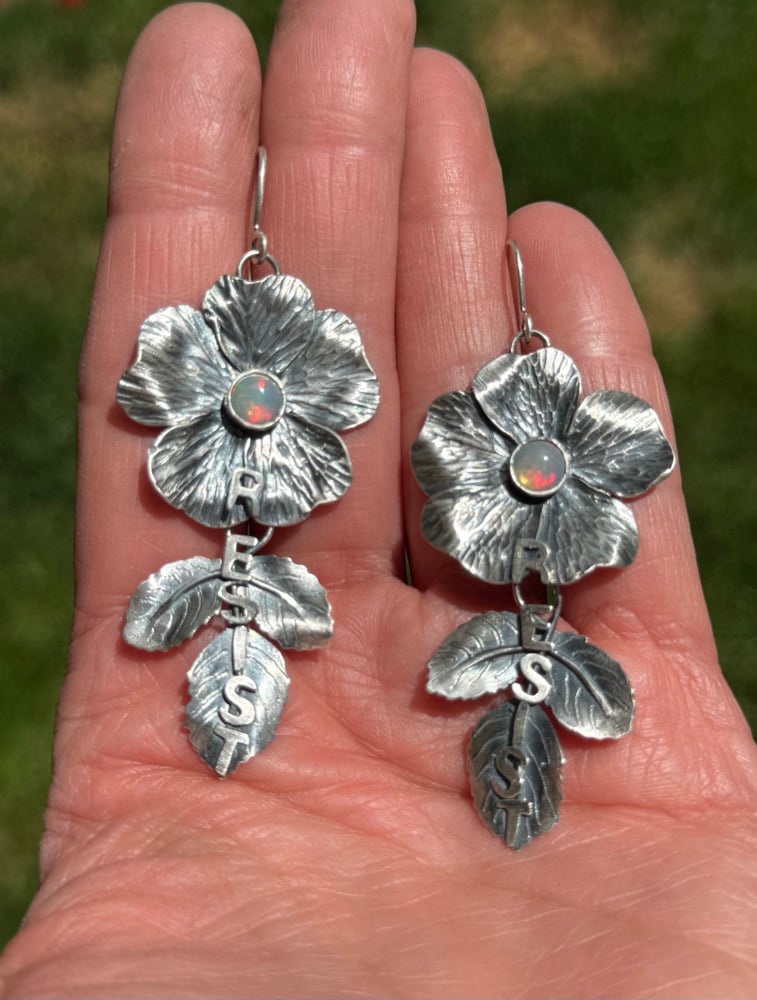Image of Dog Rose Flower "RESIST" Ethiopian Opal Earrings