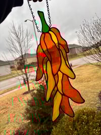 Image 2 of Yellow and Orange Stained-Glass Chili Peppers - Handmade Kitchen Window Art Decor