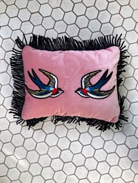 Image 19 of Pink Velvet Swallow Patch Cushion With Gold or black Fringe