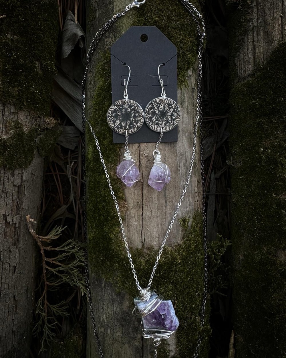 Image of Amethyst necklace and matching earrings set.