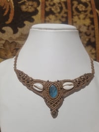 Image 3 of Azure Tides - Blue apatite & Cowrie shell micro macrame necklace 