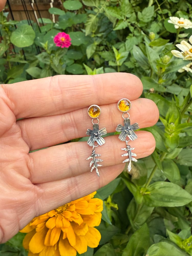 Image of Signet Marigold Flowers Leaves Citrine Stud Earrings