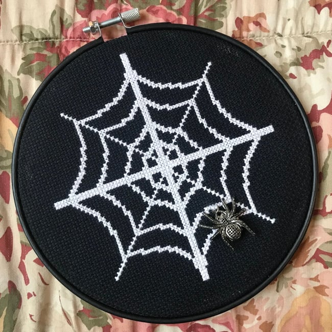  🕷 Spider Web & Charm Cross Stitch, Approx. 6x6 Inches