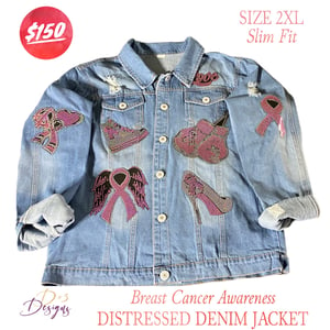 Image of Breast Cancer Awareness Distressed Denim Jacket 