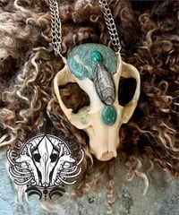Image 2 of Partial Raccoon Skull Statement Necklace w/ Amazonite, Chrysocolla, Orthoceras, & Aventurine accents