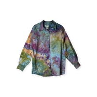 Image 1 of ♻️ UPCYCLED S Ladies 100% Cotton Boyfriend Shirt in Appalachian Sunset Ice Dye