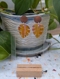 Image 1 of Monstera Earrings (yellow/pink)