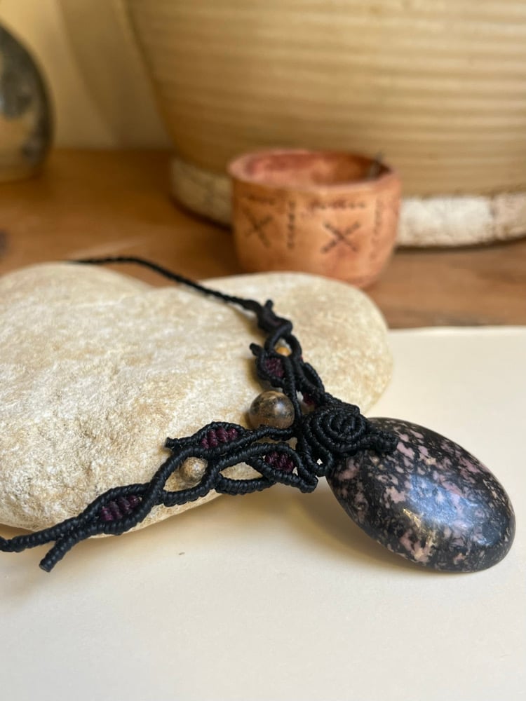 Image of Macrame necklace with rodhonite stone