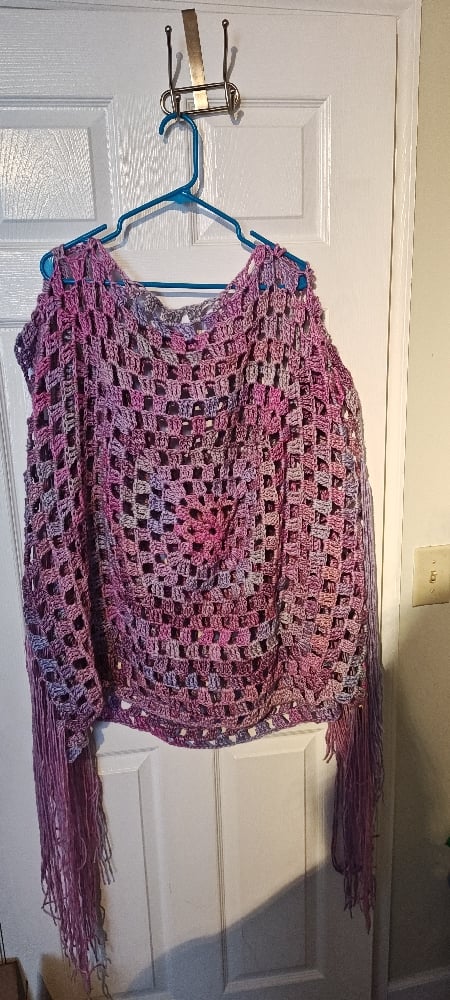 Image of Handmade Crochet Poncho with Fringe Purple & Pink Granny Square Boho Poncho 