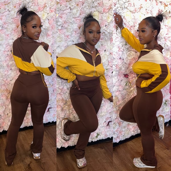 Image of color block legging set - brown/combo