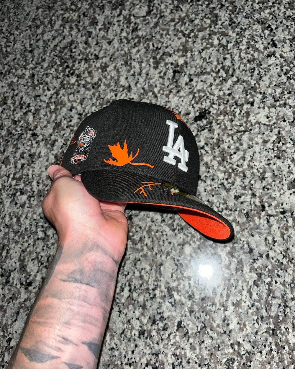 Image of ORANGE BRIM TACTICAL CAMO BLACK LA DODGERS CUSTOM FITTED CAP