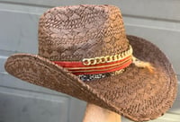 Image 2 of Brown Cowboy Hat Layered Band Brass Keys and Feathers