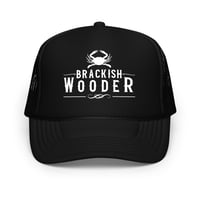 Image 4 of Brackish Wooder Foam Trucker Hat – White Logo with Chesapeake Blue Crab | Snapback Mesh Cap