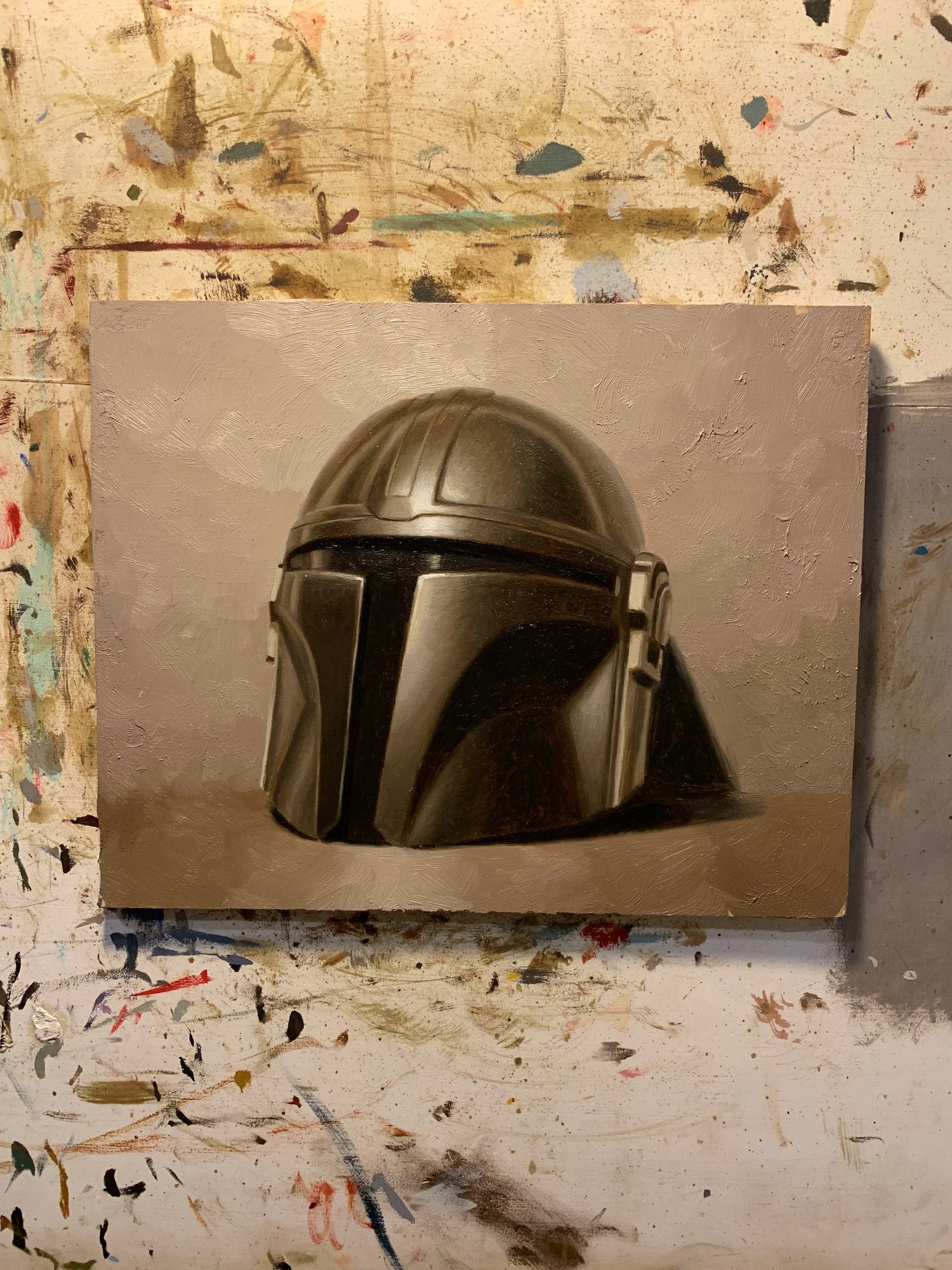 Image of Din Djarin helmet mandolorian oil painting 