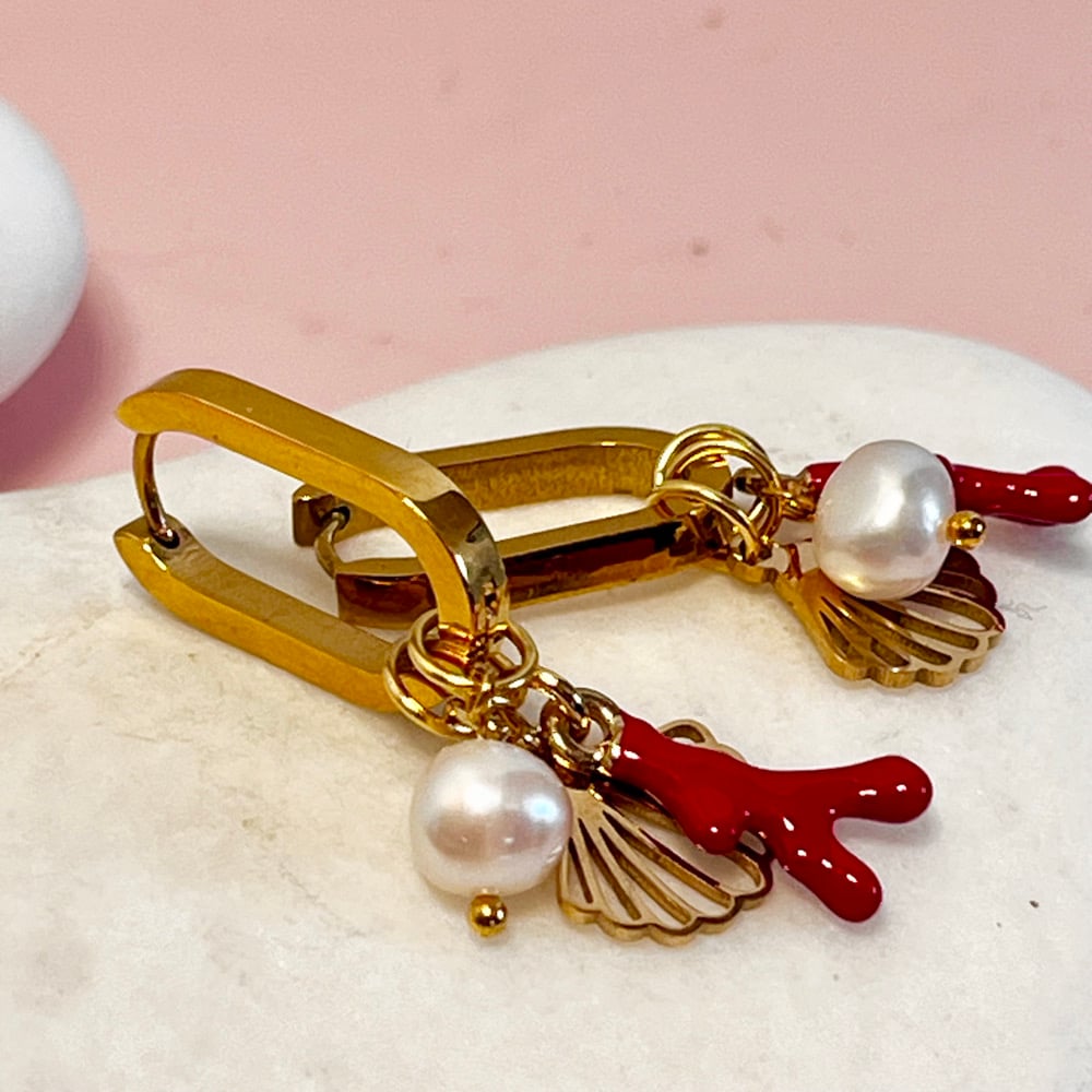 Image of Triple Charm Oval  Huggie Hoops (larger) - coral, pearl and shell