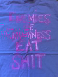Image 1 of ‘Enemies’  purple T Shirt with pink text (XL)