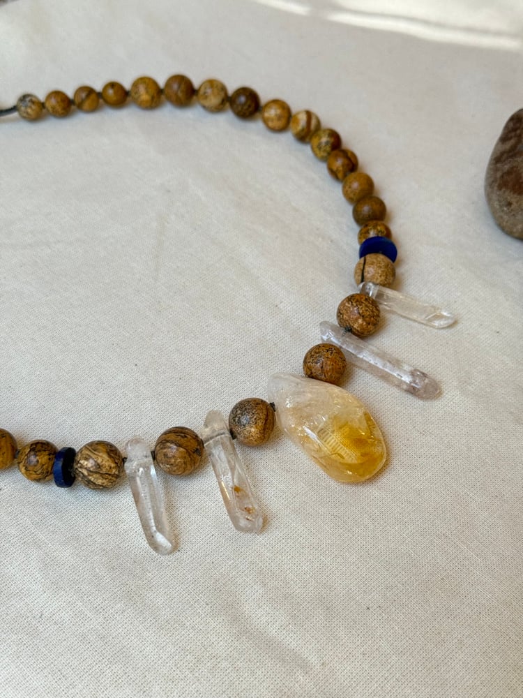 Image of Necklace with citrine, clear quartz, lapis lazuli disc and picture jasper beads