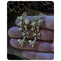 Image 2 of Victorian Floral Spray Honey Bee and Mexican Opal Solid Brass Earrings 
